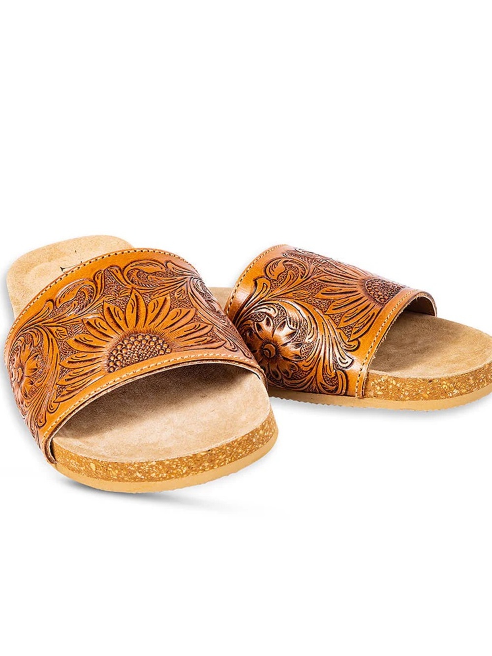 Myra Bag Tan Tooled Floral Slide Sandals